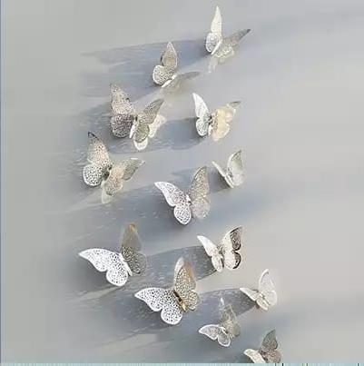 12pcs 3D Hollow Butterfly Wall Sticker for Home Decoration And  Fridge Decoration  Silver Butterfly